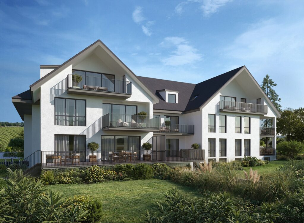 Mühl92 Walluf — Außenansicht Gartenseite mit Terrasse