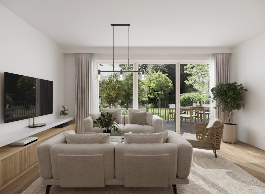 Mühl92 Walluf — Wohnzimmer mit Gartenblick